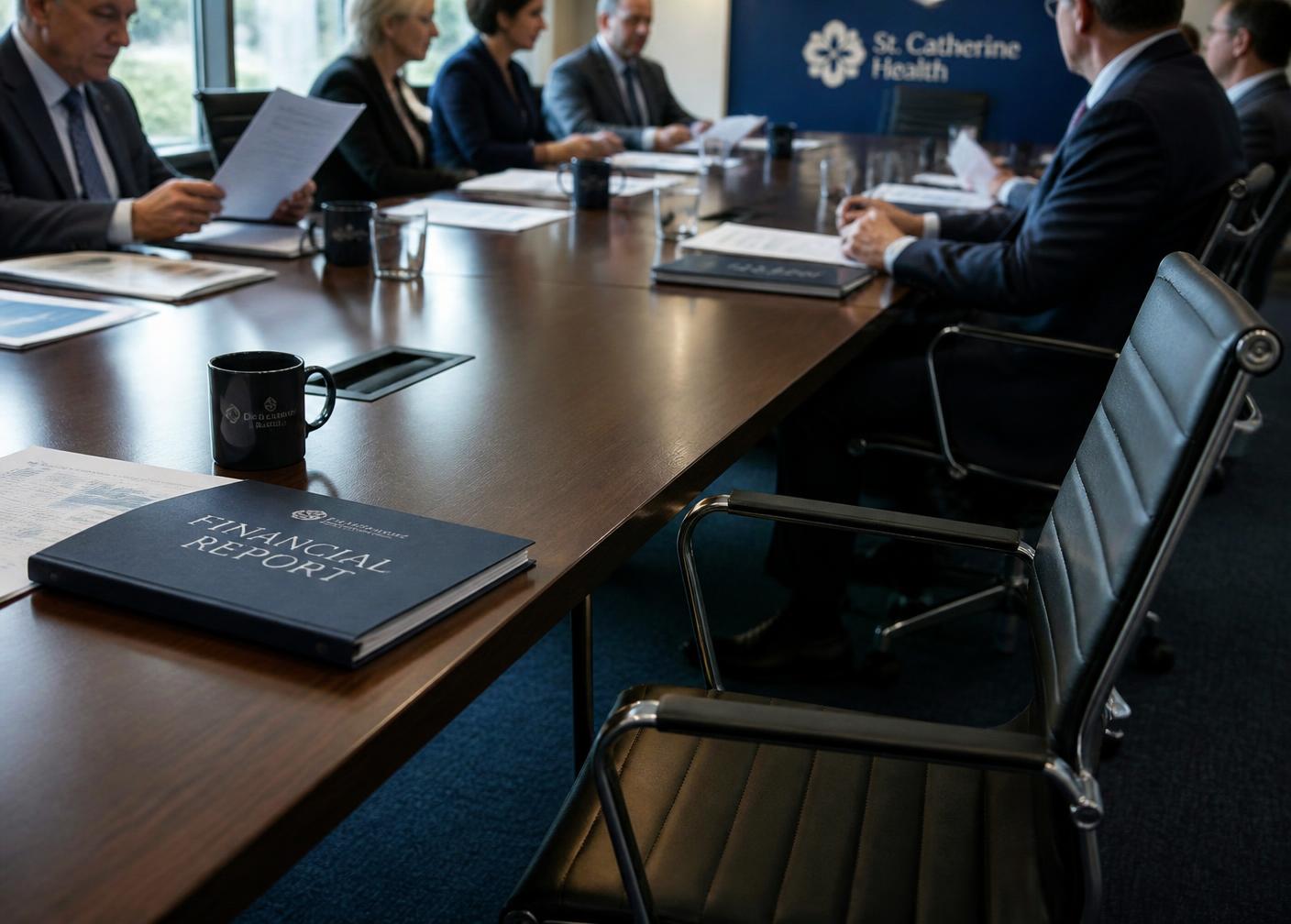 Reunião de conselho de Instituição de saúde com relatórios impressos